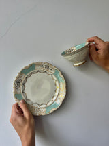 Vintage Hellblau & Gold Kuchenteller & Tassen Set – Geschirr