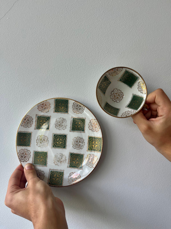 Vintage Dunkelgrün & Gold Kuchenteller & Tassen Set – Geschirr